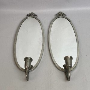 Vintage Silvertone Mirrored Taper Candle Wall Sconces Pair of 2 12" Tall